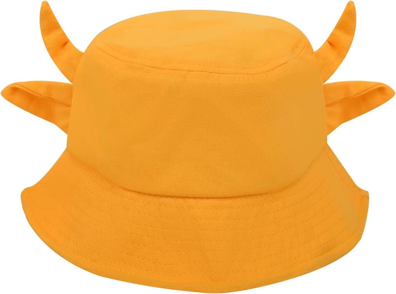 QANQIUPLE Cow Print Bucket Hat with Cute Horn Ears Cow Print Summer Beach Sun Hat Fisherman's Cow Bucket Hat - Image 1